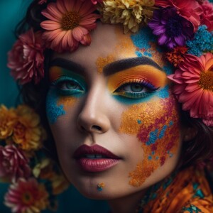 A stunning portrait of a woman's face adorned with vibrant, flor...