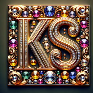 Create a 3-D realistic image with the letters  K.S. in gold raised letters , Add diamonds and colorful jewels