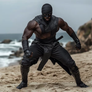 Wide angle shot of A muscular Nigerian Ninja assassin warrior in...