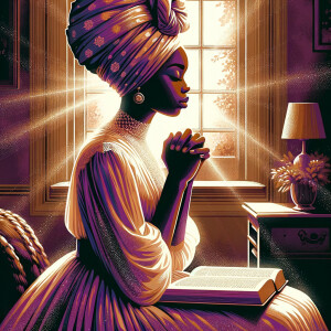 A contemporary art-style painting of an African American woman adorned in a headwrap, with an open book before her. She sits with hands clasped in prayer over her knees, depicted in a flat vector design. The scene is set in a cozy room bathed in sunlight streaming through a window, illuminated in shades of fluorescent purple and brown. She's dressed in a flowing gown, her skin exhibiting a radiant glow, encircled by a luminescent aura. The painting's edges feature a subtle smudge effect, adding to its charm, while mystical sparkles enhance the ambiance.