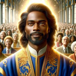 Illustrate an inspiring African-American Jesus crust with a dign...