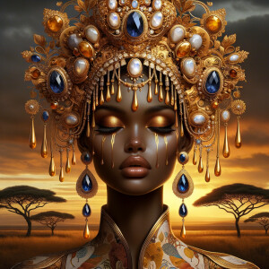 A digital illustration of a Latina woman's portrait with a luxur...