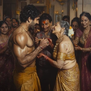Hyperrealistic painting,A muscular, sweaty man joyously celebrat...