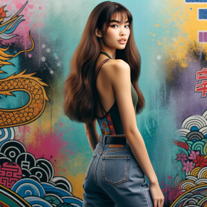 Attractive, Asian teenage girl, long brown hair and bangs, wearing tight skinny jeans and a halter top paint marks on her clothing, backside view heroic pose Asian graffiti