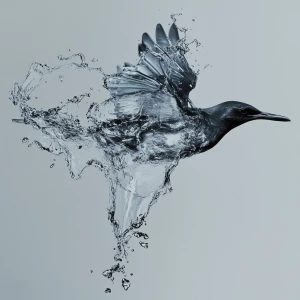 A flowing transition of water turning into a bird in flight.