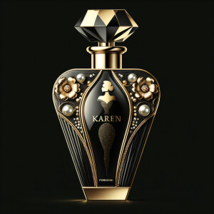 Design a fancy, black and gold bottle of perfume in the shape of a woman’s body. With a golden diamond top, flowers pearls and Diamonds in the name, Karen