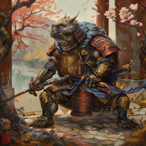A tortoise themed dragon warrior in feudal Japan with a lotus bl...