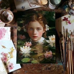 pre raphaelite oil painting of a girl with ginger hair in a lake...