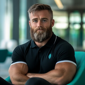 The image shows a bearded brown, gray haired muscular man with a...