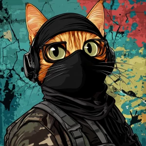 A wide-eyed ginger cat wearing a black tactical balaclava (or ma...