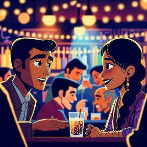 A man and woman flirting in a bar at night