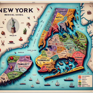 a map of new york but each borough and state is a med school sub...