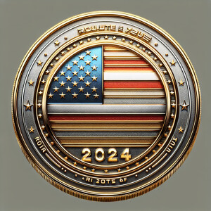 Create a coin, the coin is shiny gold and silver, the coin has a...