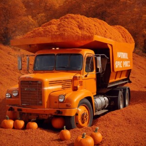 Photorealistic funny interpretation of pumpkin spice dump truck...