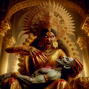 portrait of angry looking goddess durga sitting on a gold crown...