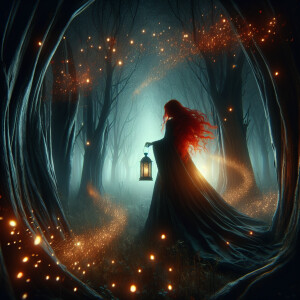 mysterious red-haired woman, cloaked and holding a lantern, surr...