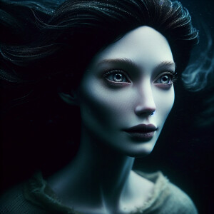 A mermaid with pale skin and cold eyes. Long dark hair. Floating...