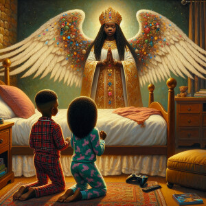 An oil painting of two African-American children with dark skin,...