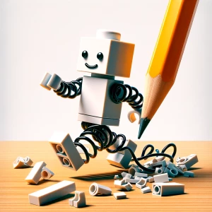 En una mesa está caminando un juguete de Lego pero en medio la m...