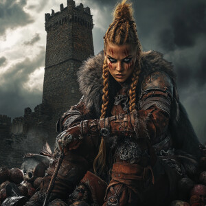 Powerful female barbarian warrior in ornate battle-worn armor wi...