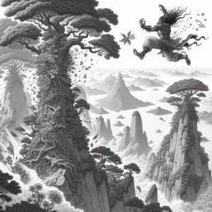 Create an image of when Hanuman jumped from Mahendra Parvata to...