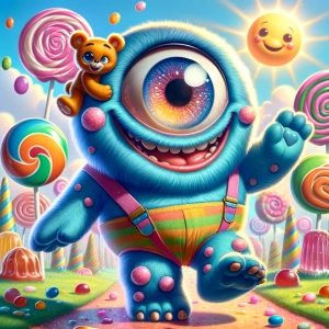 A cheerful, round-bellied cyclops with one big sparkling eye and...