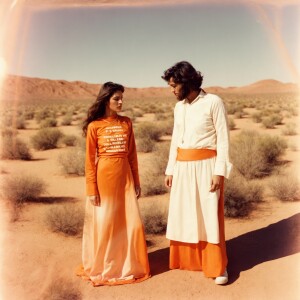 A faded color film photograph from the early seventies of three...