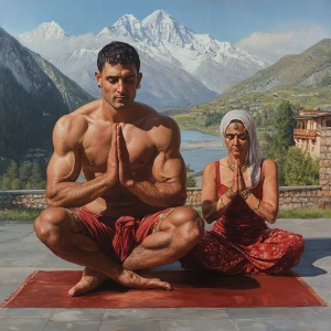 Hyperrealistic painting 1:1,A muscular man and his 50-year-old K...