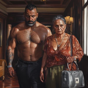 realism art style .A sweaty beefy man entering  with his 54 year...