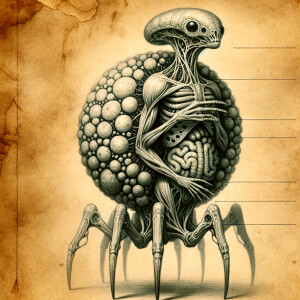 Extraterrestrial creature anatomical graphite illustration on bl...