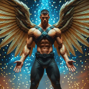 Create an image featuring a male figure with a muscular build, w...