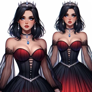 A beautiful young woman who has knee-length jet black hair, blue...