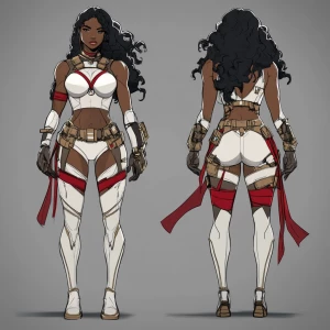 A powerful ebony female warrior character design, front and back...