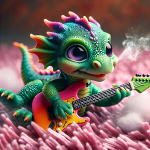 A baby dragon playing the electric guitar on a pink shag carpet.