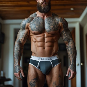 A muscular, bearded man with extensive tattoos stands in a domes...
