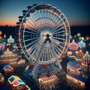 Create a 15-second video featuring a rotating Ferris wheel at tw...