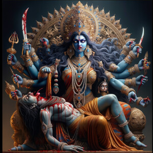 portrait of angry looking goddess kali, blue skinned, sitting on a gold crown and carrying a weak mahishasur on her lap and stabbing him with her amazing long red finger nails. She is wearing diamond armor, a huge diamond crown, red saree, abundant diamond jewelry, covered in blood. The scene is set in ancient India. The image is 8K resolution, cinematic, ultra detailed face and epic.