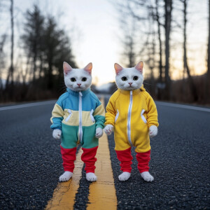 two white cats with round black eyes wearing colorful jump suits...