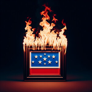 Fire starting from bottom of the screen, lighting an American fl...