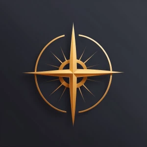 A minimalist cross merging into a rising sun or compass needle,...