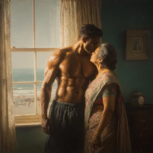 Create a hyperrealism painting of a muscular, sweaty Indian man...