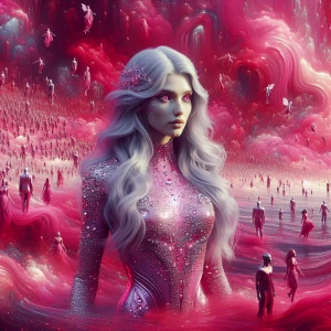 A beautiful  vampire woman with long metallic white  hair wearin...