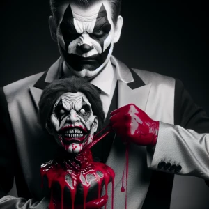 Sinister clown with white and black face paint is holding a lif...