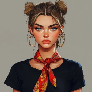 girl with brown hair, thick eyebrows, pumped up lips, potato nos...