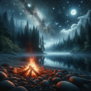 Create a high definition realistic 3D image of a live camping fire near the forest river under a dark starry sky and a pale moonlight, with nimbus clouds.