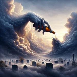 A ghostly hand materializes from the billowing clouds overhead,...