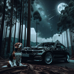 Black BMW f31 in the forest and a beagle in front, falling Stars...