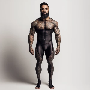 The image features a fit, bearded man with tattoos on his arms a...