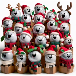A chorus of animated marbles singing Christmas carols, each deco...