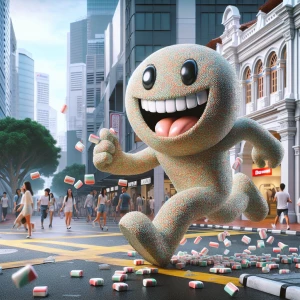 A friendly mascot made out of chewing gum, runs down a busy city...